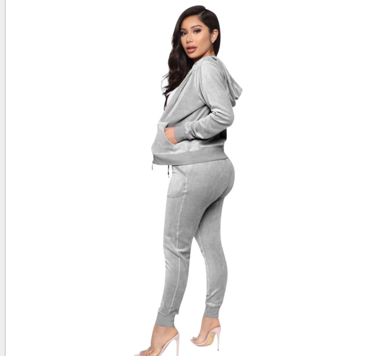 Zipper Hooded Velvet Thread Casual Solid Color Suit