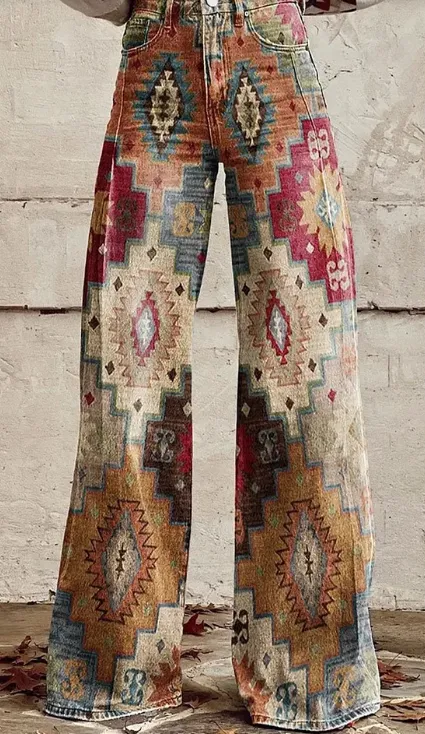 Daily High Rise Pattern Pocket Wide Leg Pants Boho - Shop at LoveMi