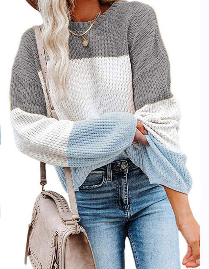 Contrast Knit Pullover With Balloon Sleeves