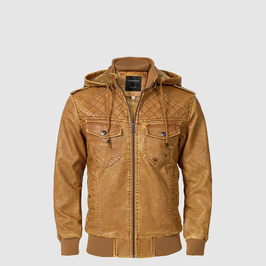 Hooded PU Leather Fleece Men's Thermal Jacket