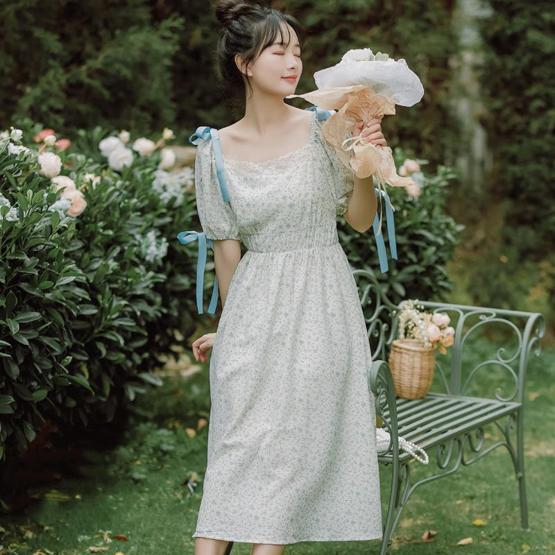 Women's Square Neck Short Sleeve Floral Dress