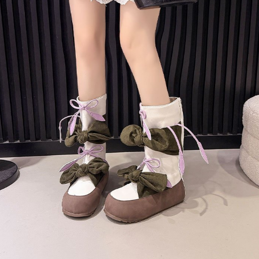 Bow Tie Strap Mid Calf Boots New Spring Vintage Women Boots Flat Round Toe Chunky Boots
