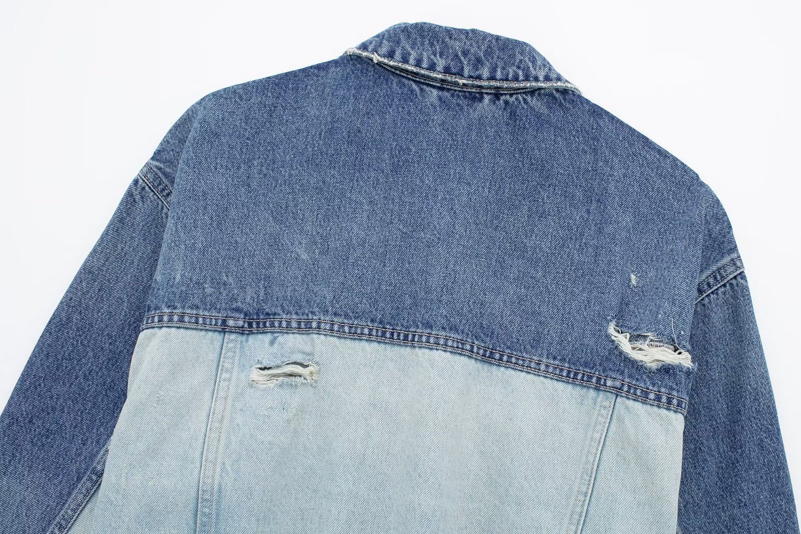 Title 3, Polo collar long sleeved patchwork denim jacket...