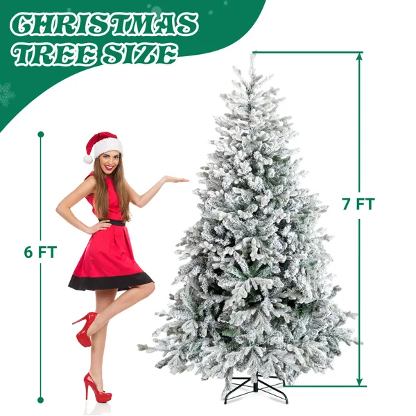 7 FT Pre-lit Snow Flocked Christmas Tree, Artificial Hinged Xmas Pine Tree With 1100 Branch Tips, 400… image 3