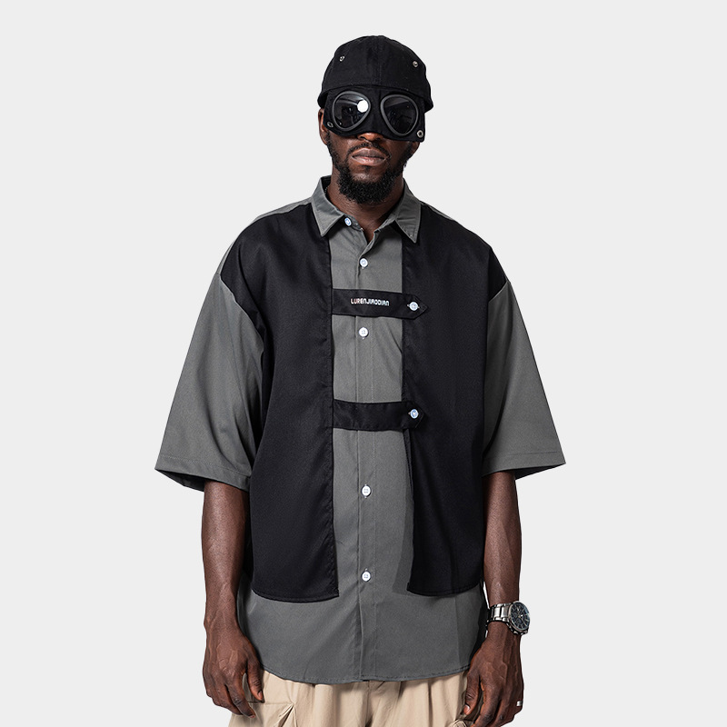 Japanese Style Workwear Retro Mechanical Style Short Sleeve Shirt