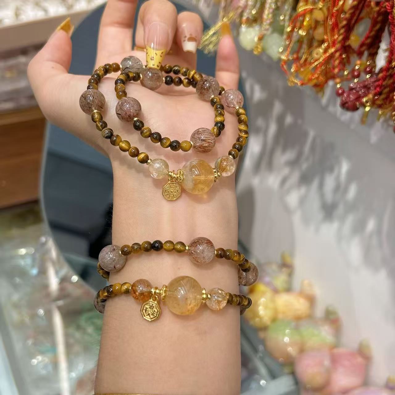Natural Golden Rutilated Quartz  Tiger Eye Bracelet Copper Rutilated Quartz Multi Layer Beaded Chain Wealth Energy Jewelry For Women