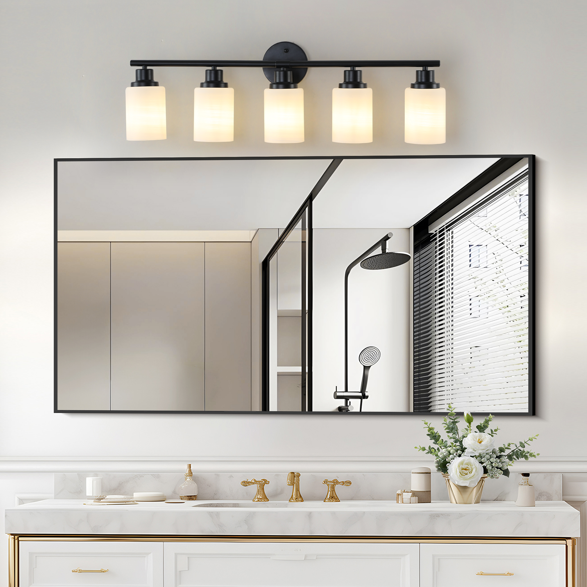 31 Modern 5-Light Vanity Bathroom Mirror Light, Frosted White Glass With Black Iron Frame, Contemporary Wall Sconce For Bedroom, Bathroom, And Dressing Room Bulb Not Included
