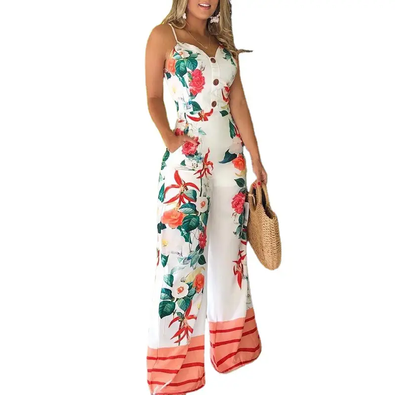 Slim-fit Straight-leg Positioning Printed Jumpsuit With Suspenders