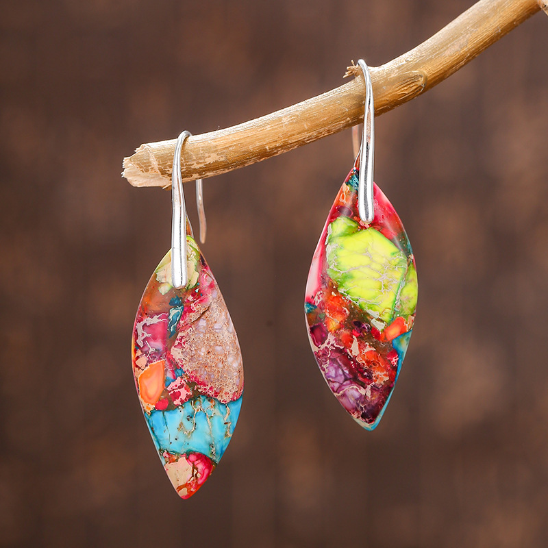 Leaf Shaped Colorful Emperor Stone Earrings