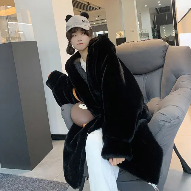 Women's Winter Loose Large Size Imitation Mink Plush Fur Coat Black - Shop at LoveMi