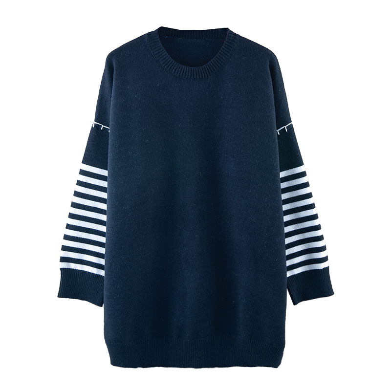 Women's Black And White Striped Colorblock Sweater Loose Vintage Round Collar