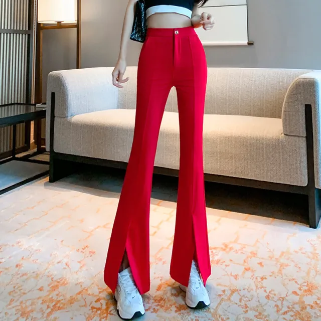 Slim And Drapey Slit Micro All match Casual Trousers Red - Shop at LoveMi