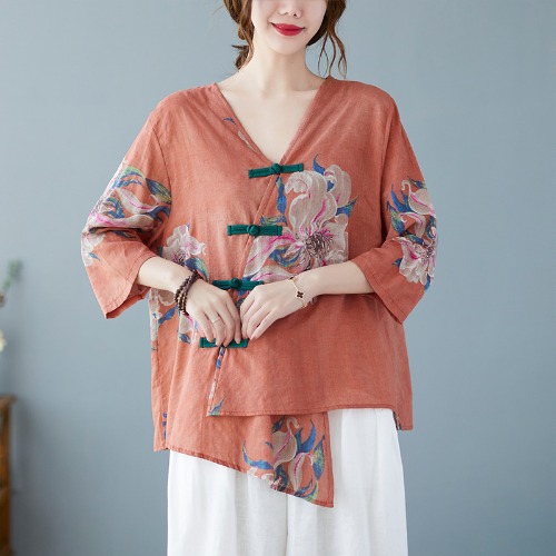 Loose Disc Button V-neck Printed T-shirt