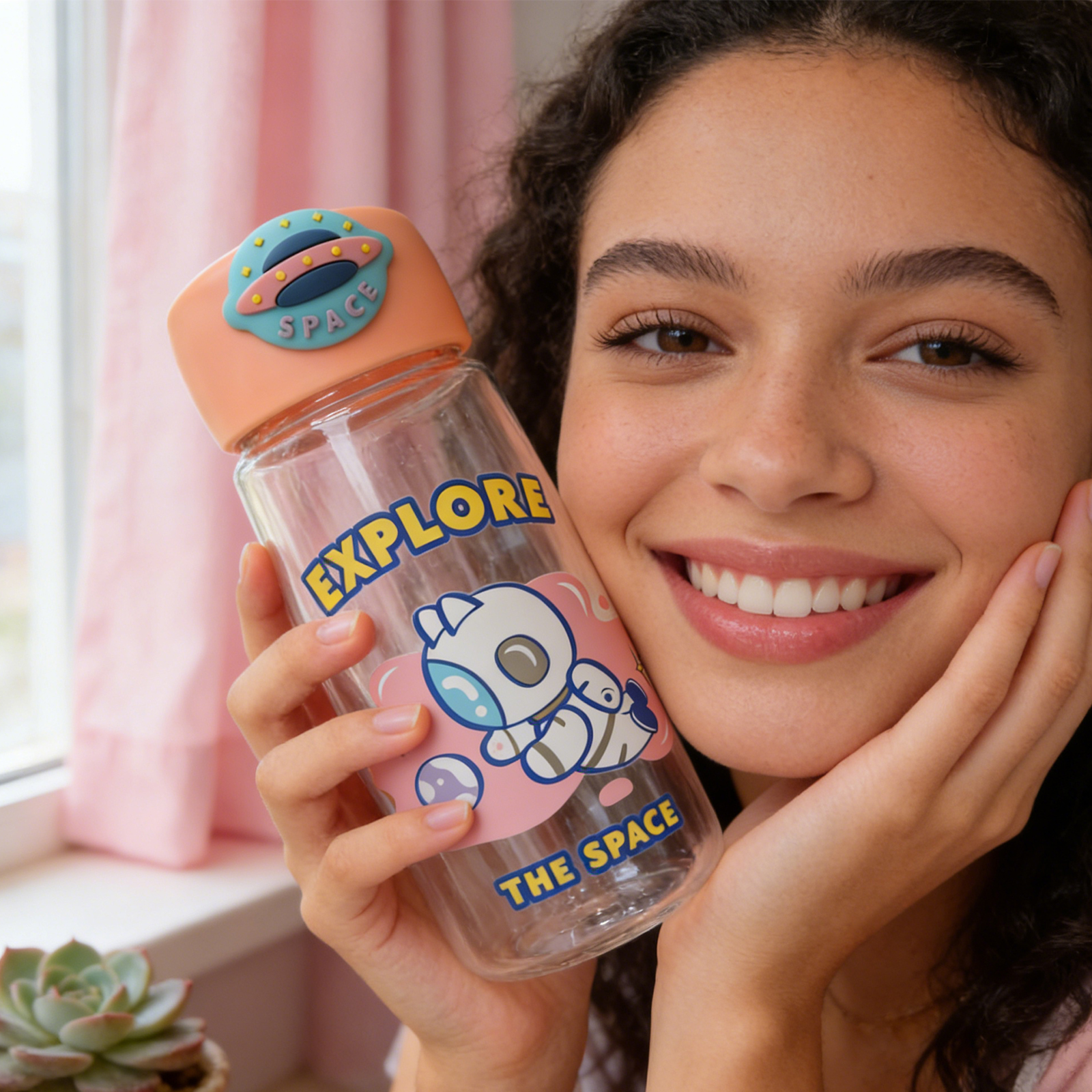 Astronaut Cat Plastic Bottle 400ml-Pink 5