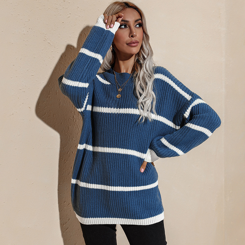 Women's Autumn And Winter Round Neck Retro Striped Knitted Sweater