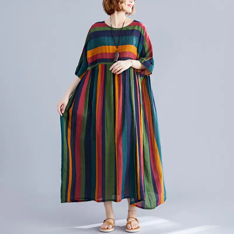 Literary Plus Size Women's Loose Stitching Striped Cotton And Linen