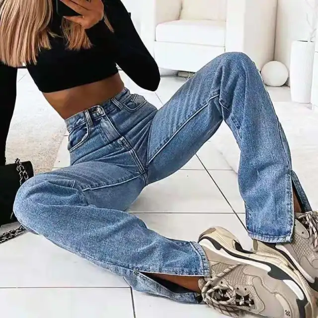 Retro Straight Split Denim Trousers Women Washed Blue - Shop at LoveMi