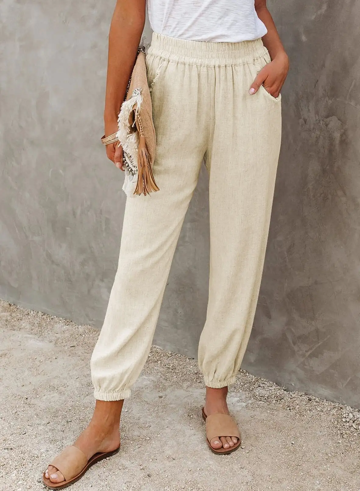 Solid Color Loose Slip Pocket High Waist Cropped Pants