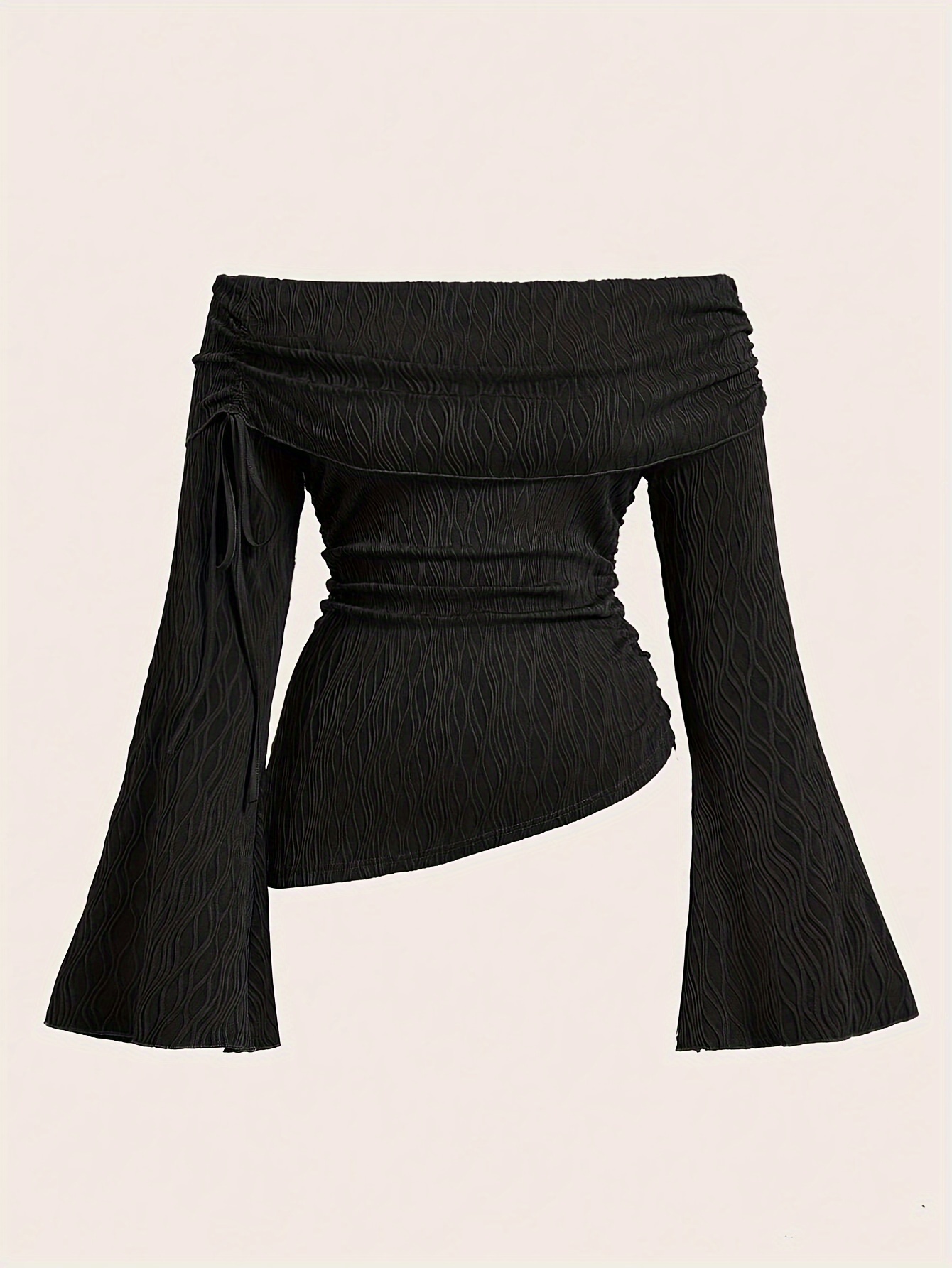 Women Knitted Off Shoulder Long Sleeve Top Flare Sleeve Asymmetric Hem Slim Fit Blouse product image