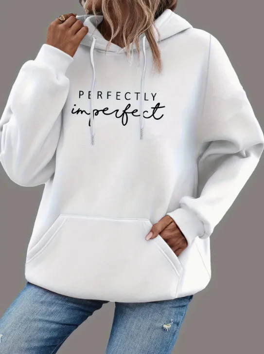 Letter Print Kangaroo Pocket Hoodie White - Shop at LoveMi