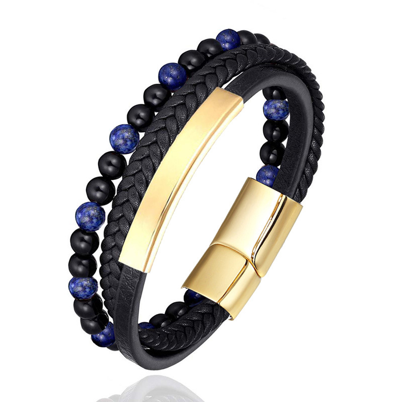 Natural Stone Beaded Bracelet Leather Braided Stainless Steel Magnet Buckle Bracelet