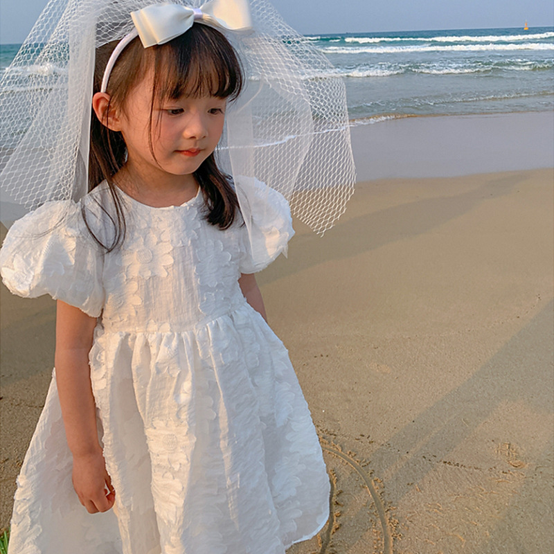 Girls Skirt Big Flower Puff Sleeve Sweet Dress