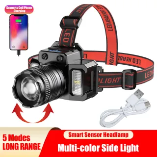 LED Tactical Headlamp Head Torch USB Rechargeable Motion Sensor Headlight Zoomable 5 Modes Emergency Power Bank For Camping