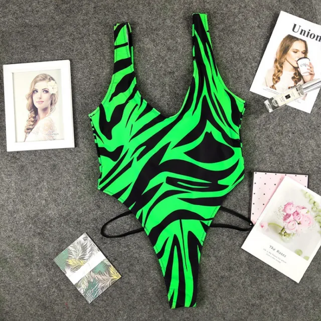 Flame Pattern Print Strappy One piece Bikini Sexy Back Swimsuit Women Green - Shop at LoveMi