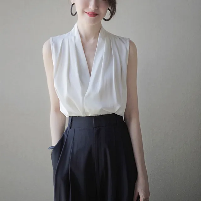 Heavy Stacked Sleeveless Silk Shirt Blue And White White - Shop at LoveMi