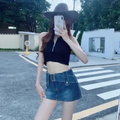 Women's Short Skirt Thin High Waist Slim Denim Culottes - Blue Lined - View 1