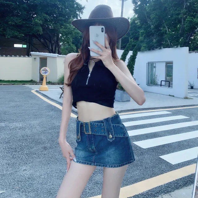Women's Short Skirt Thin High Waist Slim Denim Culottes Blue Lined - Shop at LoveMi