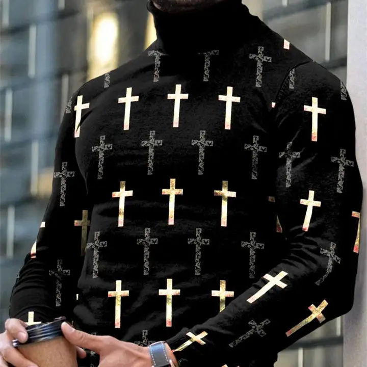 Autumn Winter Men's Long Sleeve Turtleneck T Shirt Printed Casual Top