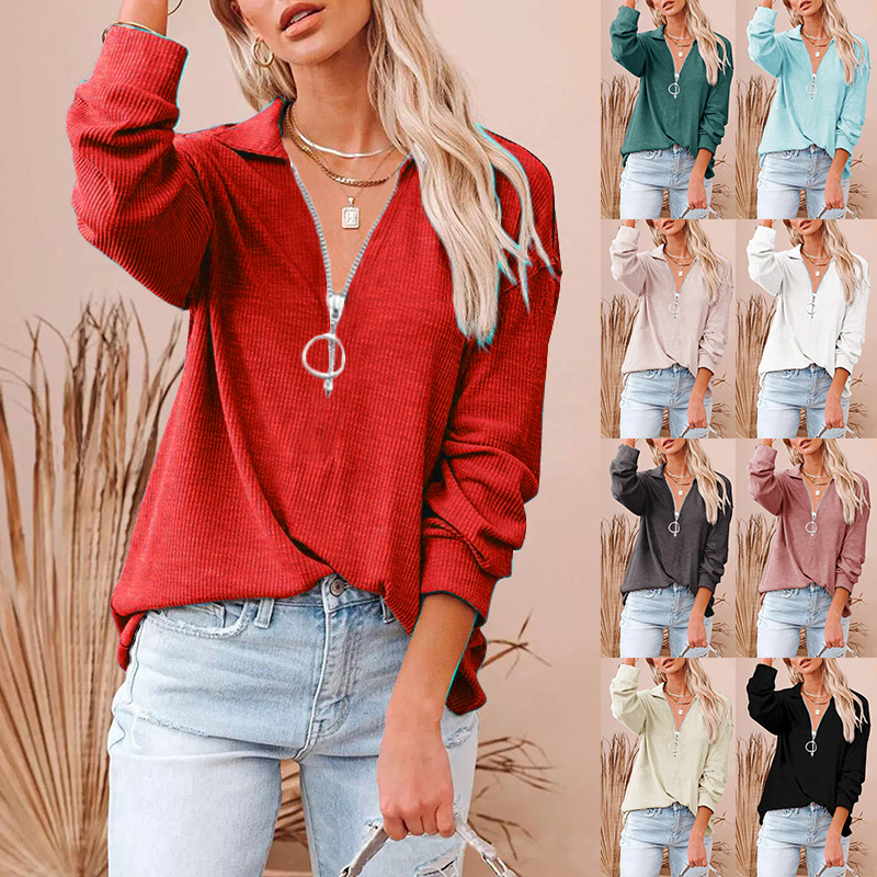 Title 13, Casual Solid Color Loose V-neck Long-sleeved Th...