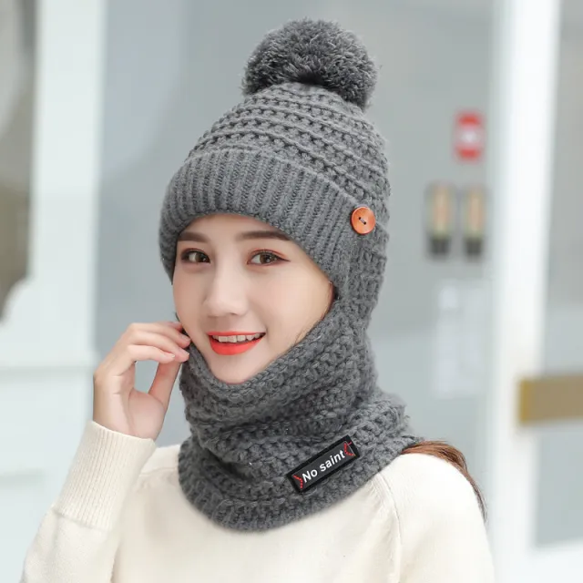 Women's Knitted Hat Plus Velvet Padded Ear Protection Cold proof Scarf Grey - Shop at LoveMi