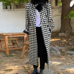 Suit Collar Houndstooth Single-breasted Long-sleeved Woolen Coat - Black - View 1