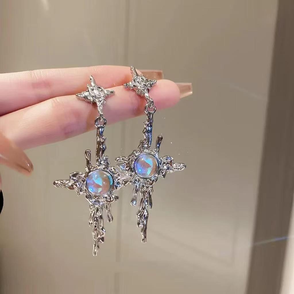 Sweet Cool Ins Niche Irregular Liquid Four-Pointed Star Moonstone Earrings, Trend New Women Stud Ear Jewelry
