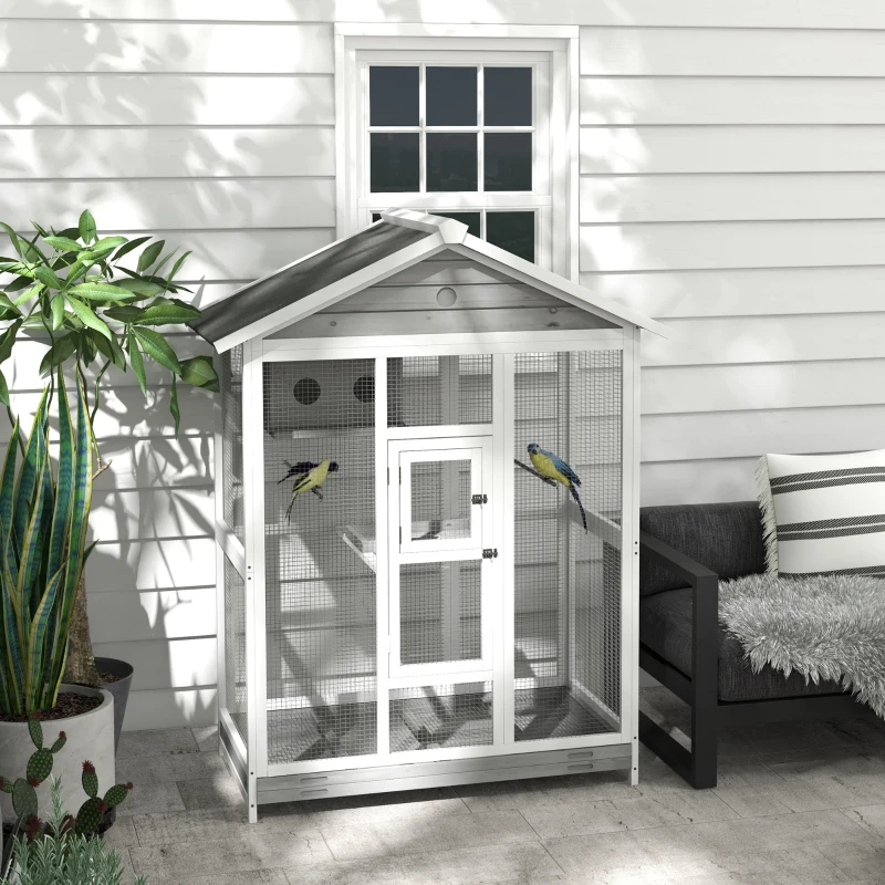 Wooden Bird Cage Aviary, Flight Cage With 4 Perches, Nest And Slide-Out Tray For Indoor Outdoor, Gray