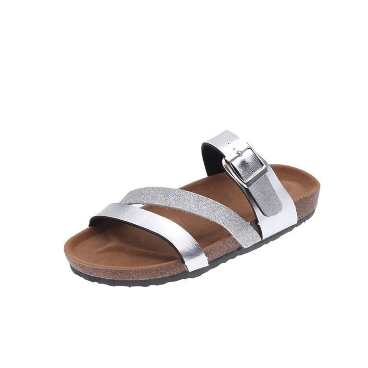 Cork Slippers Beach Shoes Flat Low Heel Women - Silver