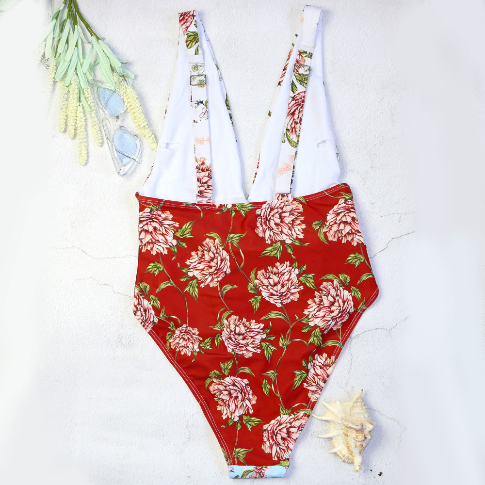 Deep V Neck Patchwork Print Day Blue Maroon One Piece Ladies Swimsuit - Image 5