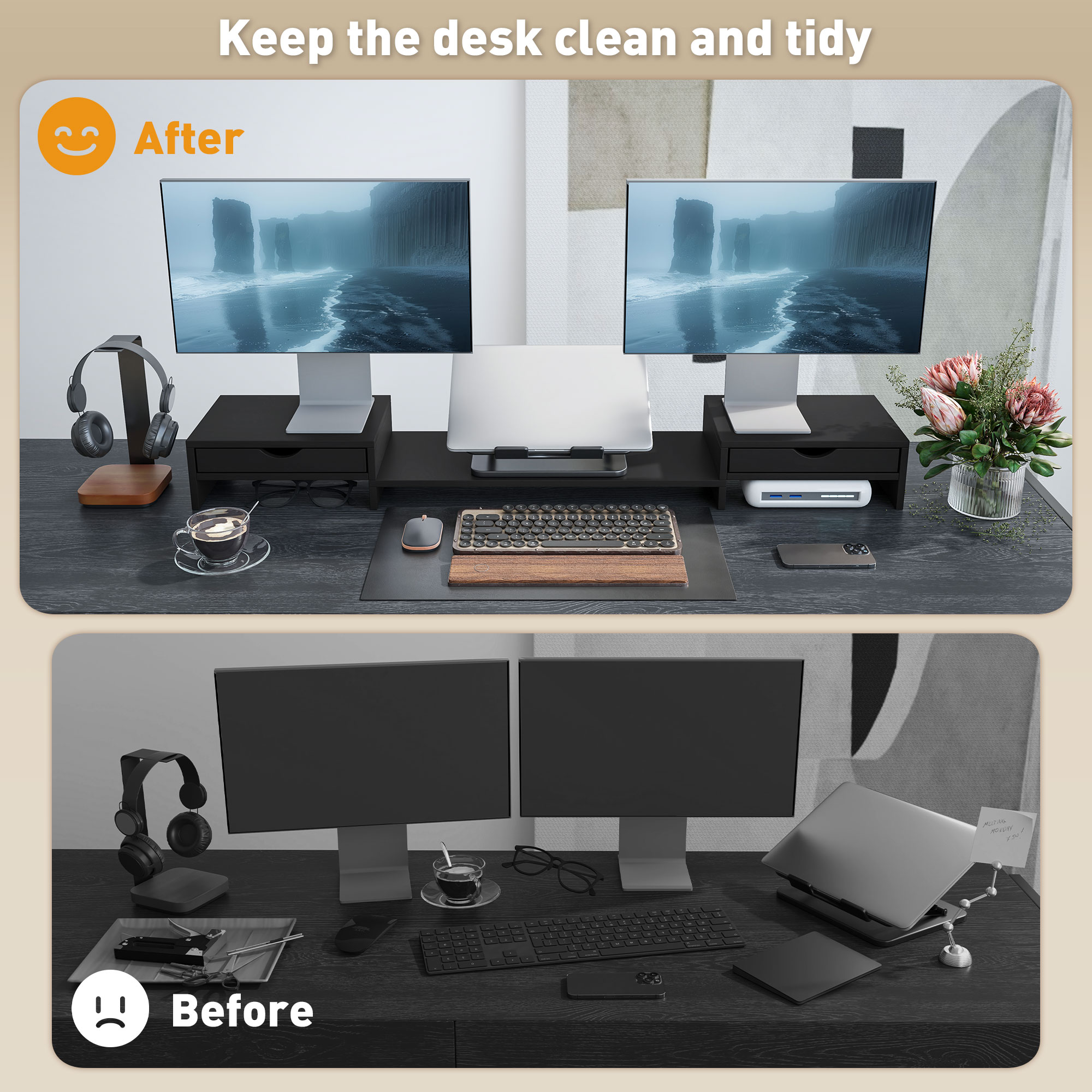 Dual Monitor Stand With 2 Drawers, Adjustable Length And Angle, 116cm Suitable