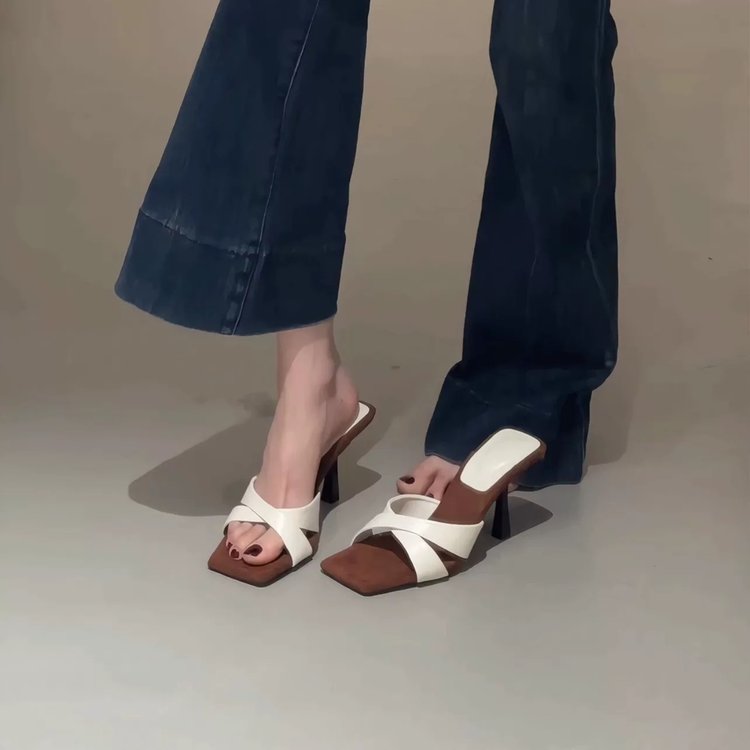 2025 Summer Women's Fashion Square Toe High Heel Slide Sandals, Elegant Large Size Cross... thumbnail 3