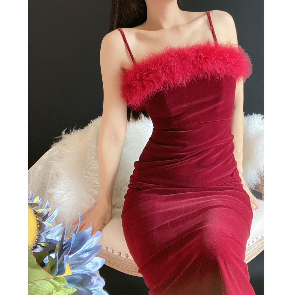 Velvet Slim-Fit Suspender Long Dress, picture 2 of 6