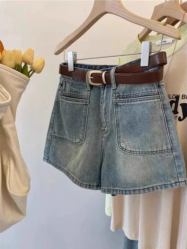 High Waist Denim Shorts For Women, Loose Design, Niche Retro Wide leg A line Thin Hot Pants Light Blue - Shop at LoveMi