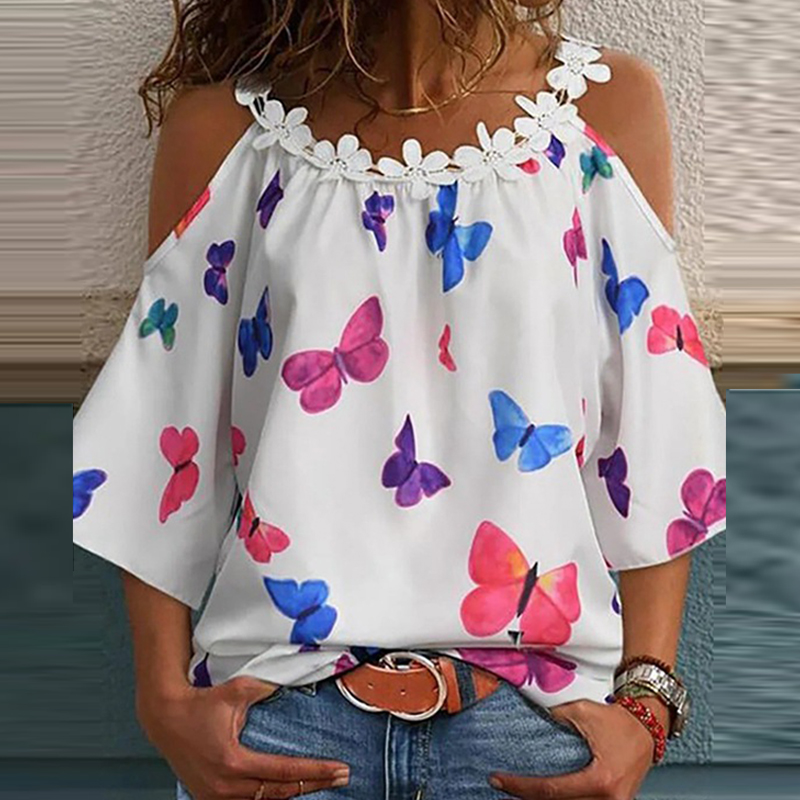 Fashion Printed Women's Lace Round Neck T-shirt Top