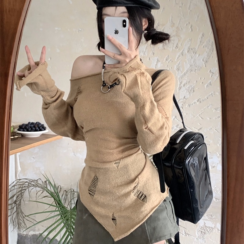 Slim Fit Ripped Round Neck Sweater Gentle Autumn Long-sleeved Inner Top