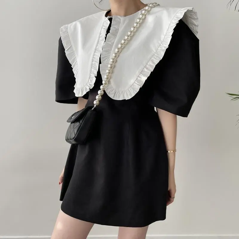 Contrast Colour Stitching High Waist Puff Sleeve Dress With Fungus Edge - Black