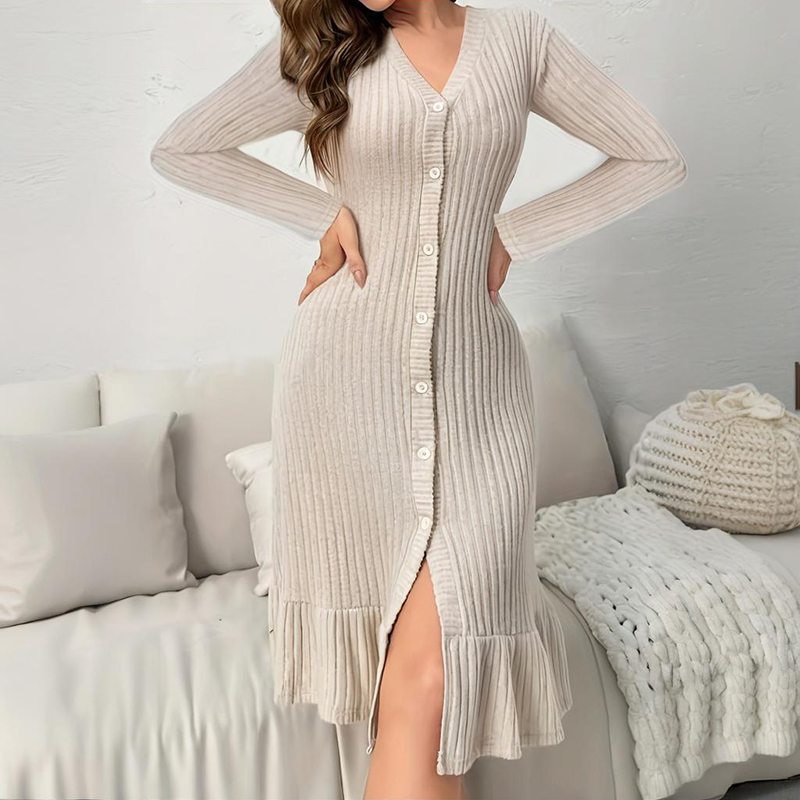 Women's V Neck Bodycon Midi Dress Spring Fall Long Sleeve Button Down Elegant Dress Light Brown - Shop at LoveMi