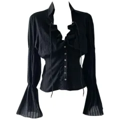 Women's Short Black Waist Long Sleeve Shirt - Black - View 1