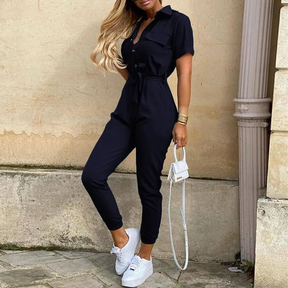 Casual Lapel Printed Belt Overalls - Navy