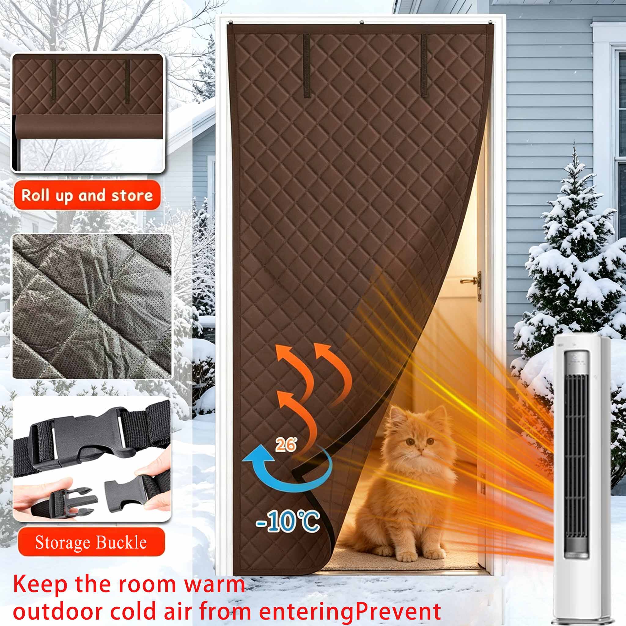 Thick Oxford Cloth Diamond Grid Magnetic Thermal Insulated Door Curtain, Wind Cold Barrier Foldable Roll Up Door Drape With Storage Buckle, Punch-resistant Energy Saving Insulation Door Screen For Hou